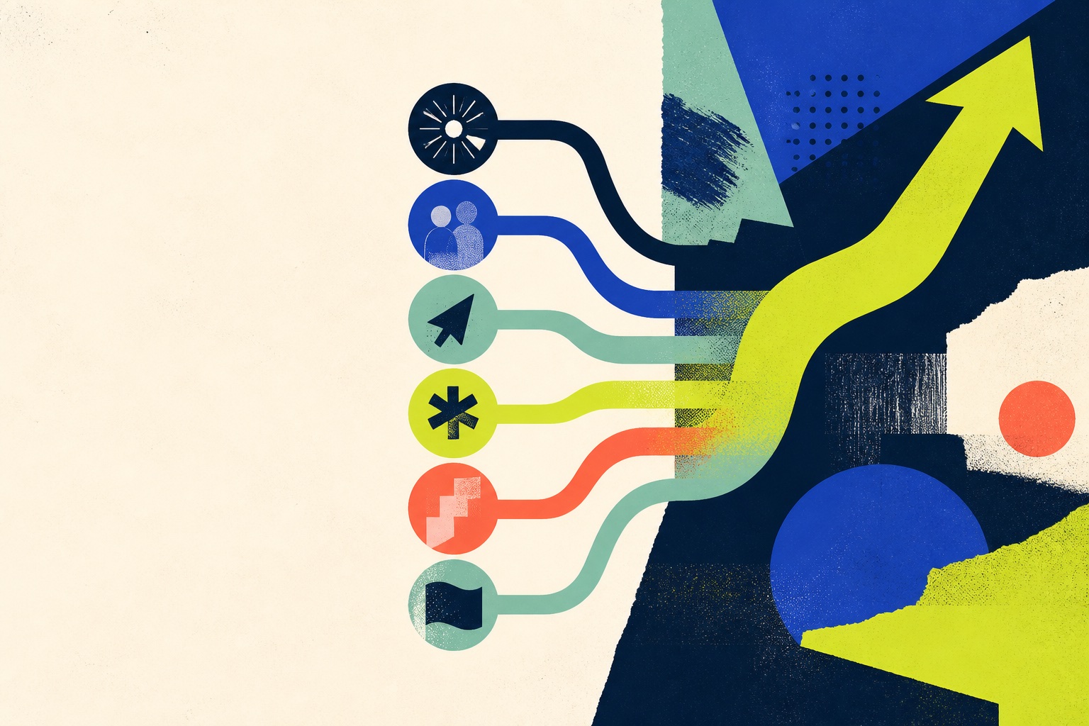 A graphic poster showing growth channels converging into one upward route
